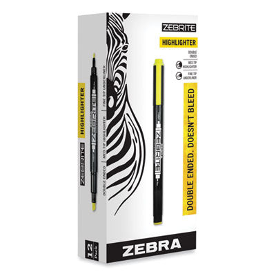 Zebra® Zebrite Eco Double-Ended Highlighter, Fluorescent Yellow Ink, Med-Chisel/Fine-Bullet Tips, White/Black/Yellow Barrel, Dozen - Flipcost