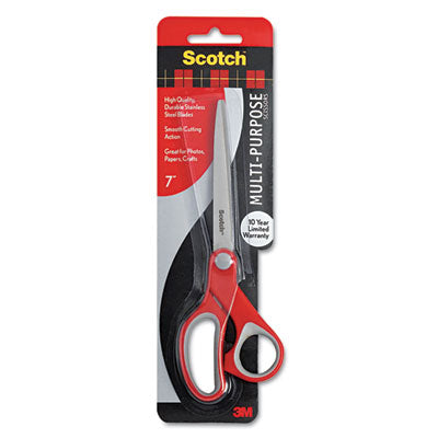 Scotch® Multi-Purpose Scissors, Pointed Tip, 7" Long, 3.38" Cut Length, Gray/Red Straight Handle - Flipcost