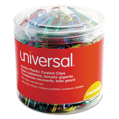 Universal® Plastic-Coated Paper Clips with One-Compartment Dispenser Tub, Jumbo, Assorted Colors, 250/Pack - Flipcost