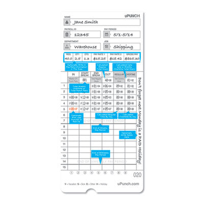 uPunch™ Time Clock Cards for uPunch HN2000/HN4000/HN4600, Two Sides, 7.5 x 3.5, 100/Pack - Flipcost