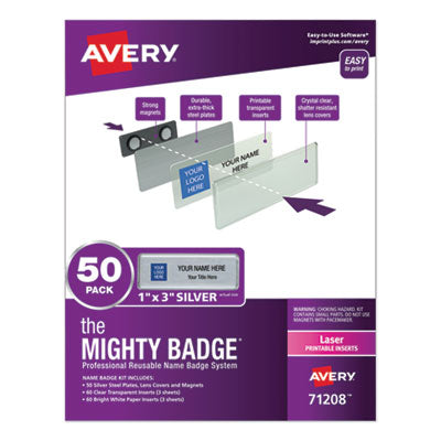 The Mighty Badge Name Badge Holder Kit, Horizontal, 3 x 1, Laser, Silver, 50 Holders/120 Inserts Flipcost Flipcost