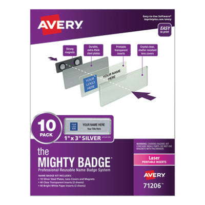 The Mighty Badge Name Badge Holder Kit, Horizontal, 3 x 1, Laser, Silver, 10 Holders and 80 Inserts/Kit Flipcost Flipcost