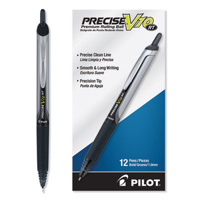 Pilot® Precise V10RT Roller Ball Pen, Retractable, Bold 1 mm, Black Ink, Black Barrel, Dozen - Flipcost