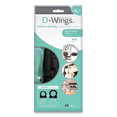 UT Wire® D-Wings Nail-Free Cord Clips, 12 Small 0.38", Six Large 0.5", Black, 18/Pack - Flipcost