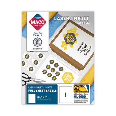 MACO® Cover-All Opaque Laser/Inkjet Shipping Labels, Full-Sheet Format, Inkjet/Laser Printers, 8.5 x 11, White, 100/Box - Flipcost