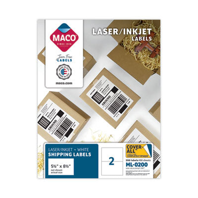 MACO® Cover-All Opaque Laser/Inkjet Shipping Labels, Internet Format, 5.5 x 8.5, White, 2 Labels/Sheet, 100 Sheets/Box - Flipcost
