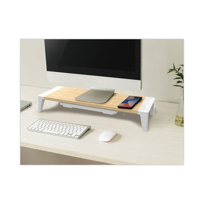 Wooden Monitor Stand with Wireless Charging Pad, 9.8" x 26.77" x 4.13", White Flipcost Flipcost