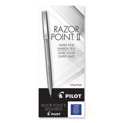Pilot® Razor Point II Super Fine Line Porous Point Pen, Stick, Ultra-Fine 0.2 mm, Blue Ink, Blue Barrel, Dozen - Flipcost