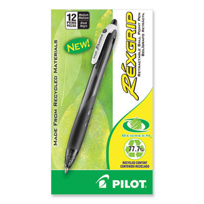 Pilot® RexGrip BeGreen Ballpoint Pen, Retractable, Medium 1 mm, Black Ink, Smoke/Black Barrel, Dozen - Flipcost