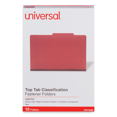 Universal® Six-Section Pressboard Classification Folders, 2" Expansion, 2 Dividers, 6 Fasteners, Legal Size, Red Exterior, 10/Box Flipcost Flipcost