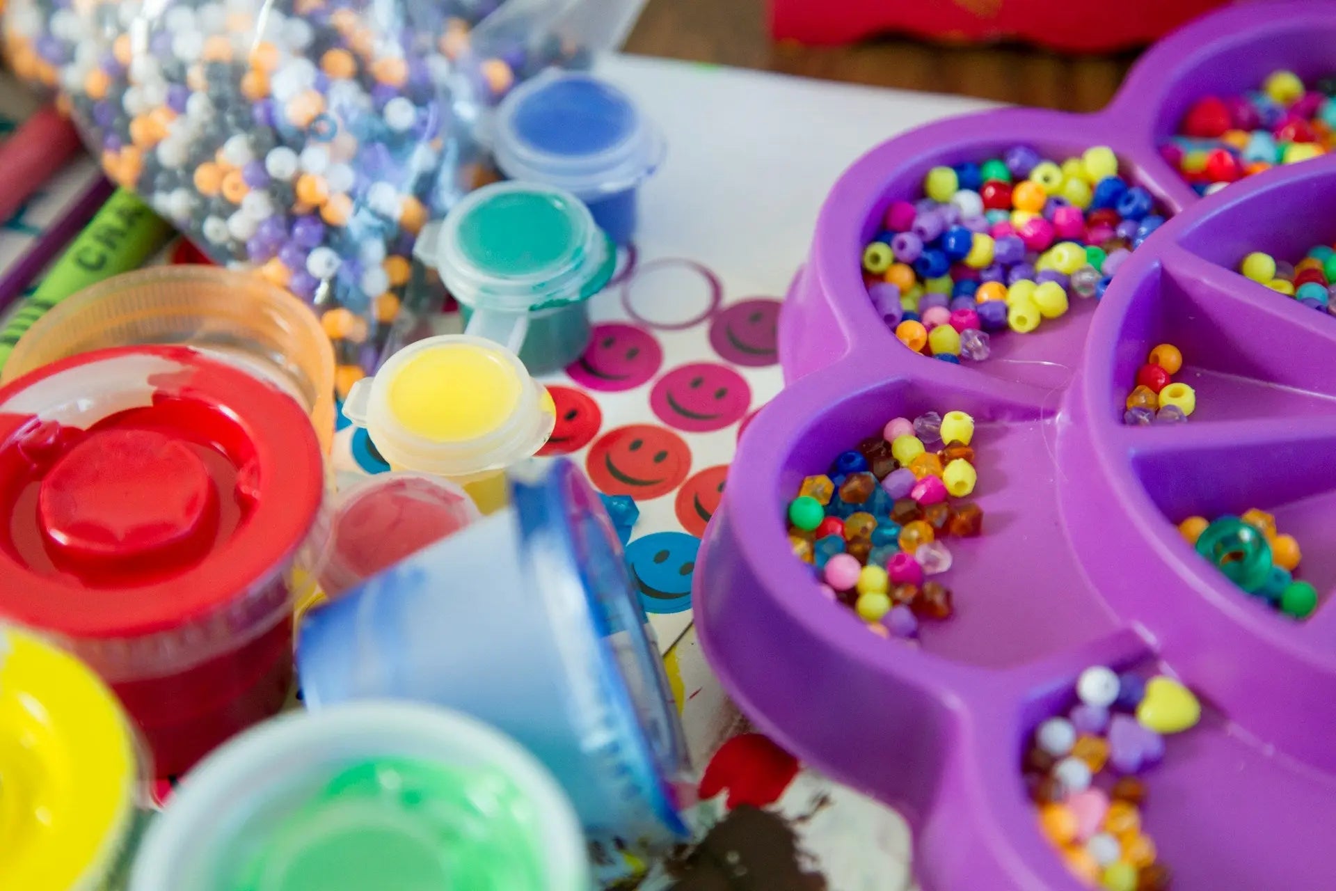 A close-up of a variety of art and craft supplies.