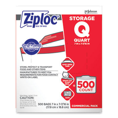 SC JOHNSON Double Zipper Storage Bags, 1 qt, 1.75 mil, 7" x 7.75", Clear, 500/Box - Flipcost
