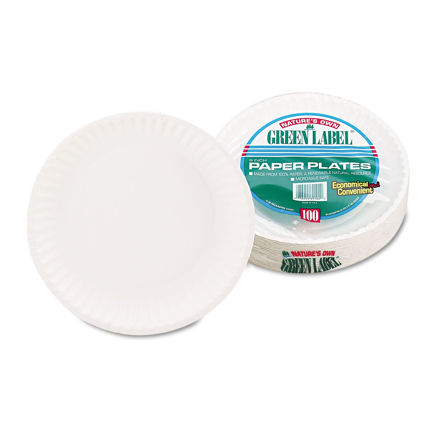 AJM Packaging Corporation White Paper Plates, 9" dia, 100/Pack, 10 Packs/Carton