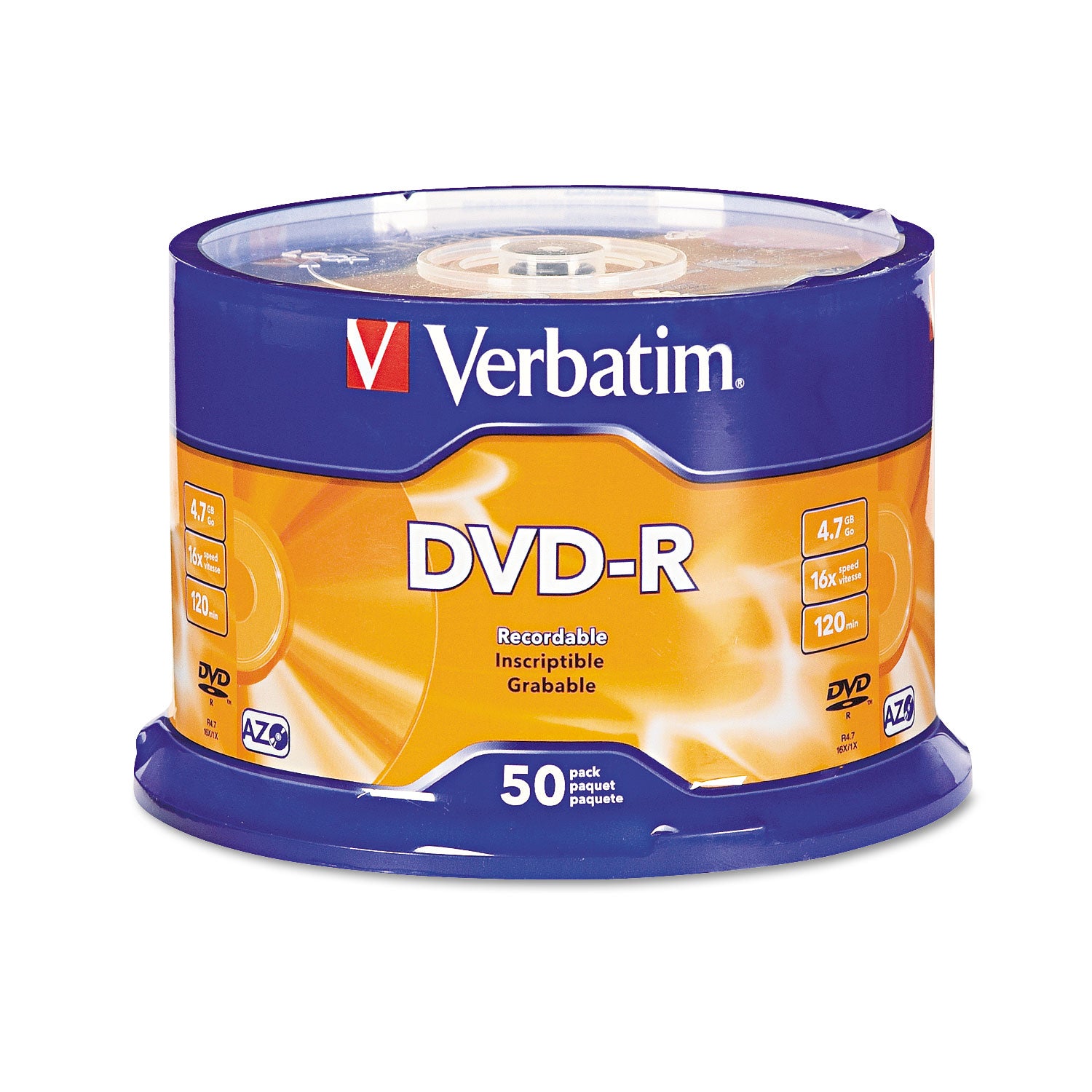 DVD-R Recordable Disc, 4.7 GB, 16x, Spindle, Silver, 50/Pack