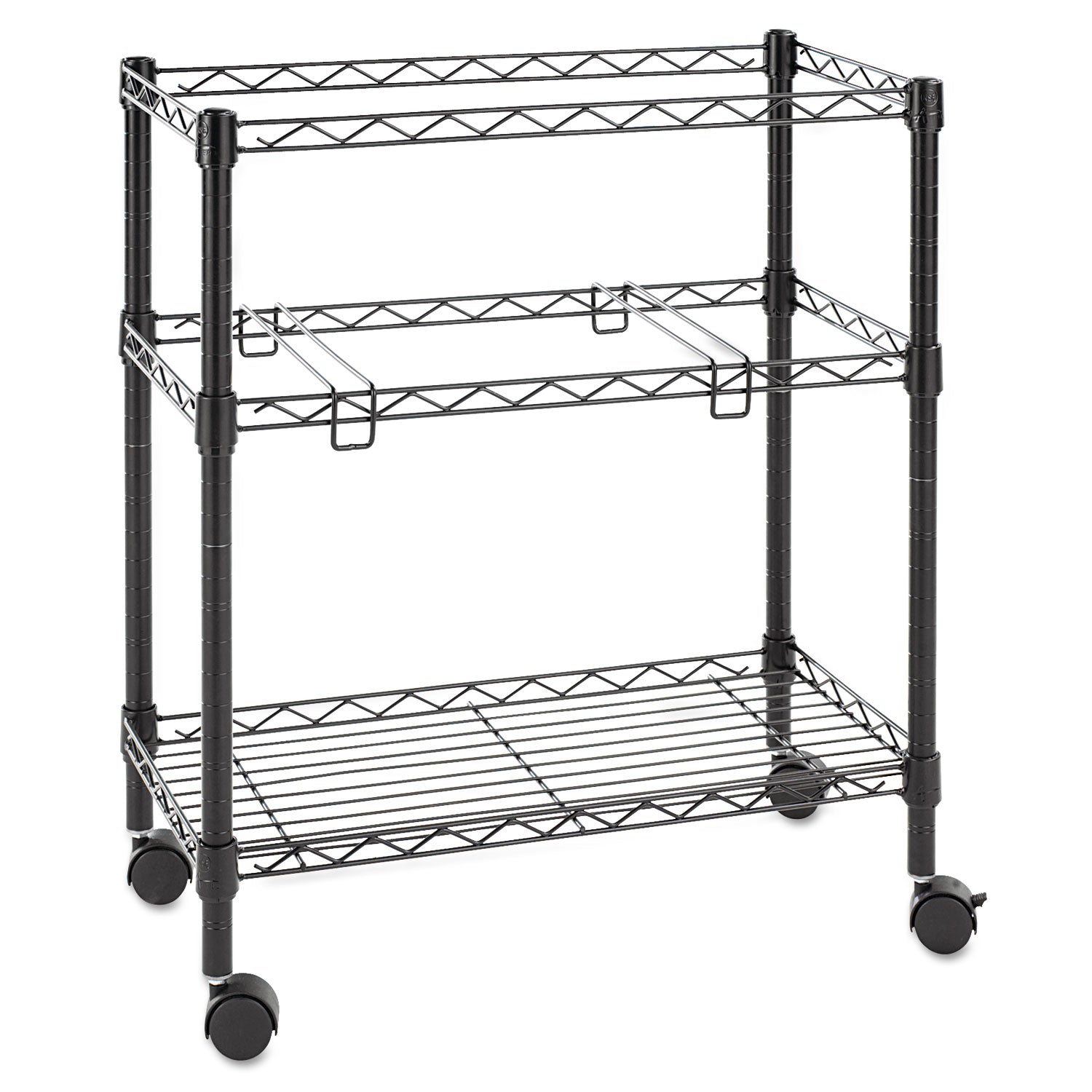 Alera® Two-Tier File Cart for Front-to-Back + Side-to-Side Filing, Metal, 1 Shelf, 3 Bins, 26" x 14" x 29.5", Black