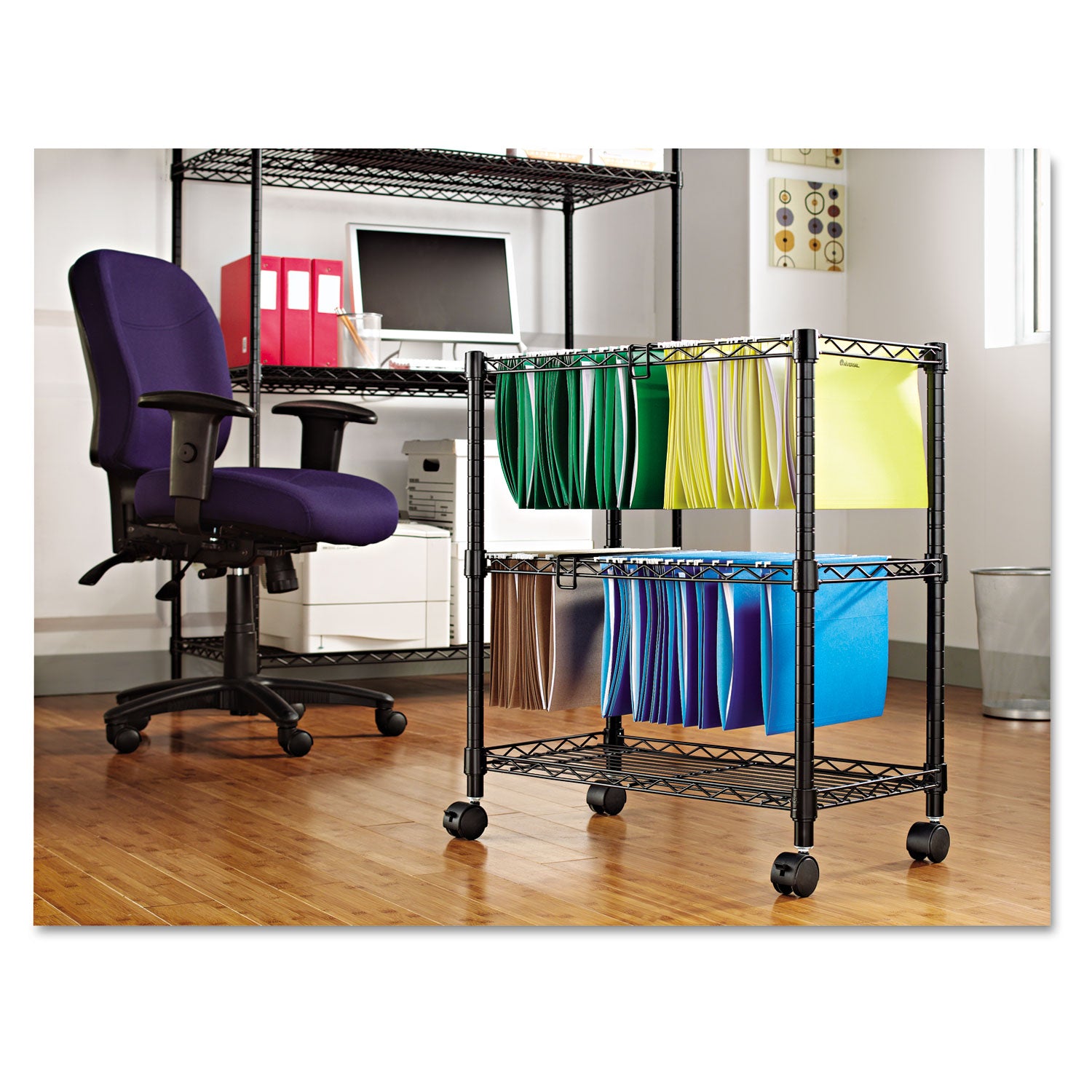 Alera® Two-Tier File Cart for Front-to-Back + Side-to-Side Filing, Metal, 1 Shelf, 3 Bins, 26" x 14" x 29.5", Black