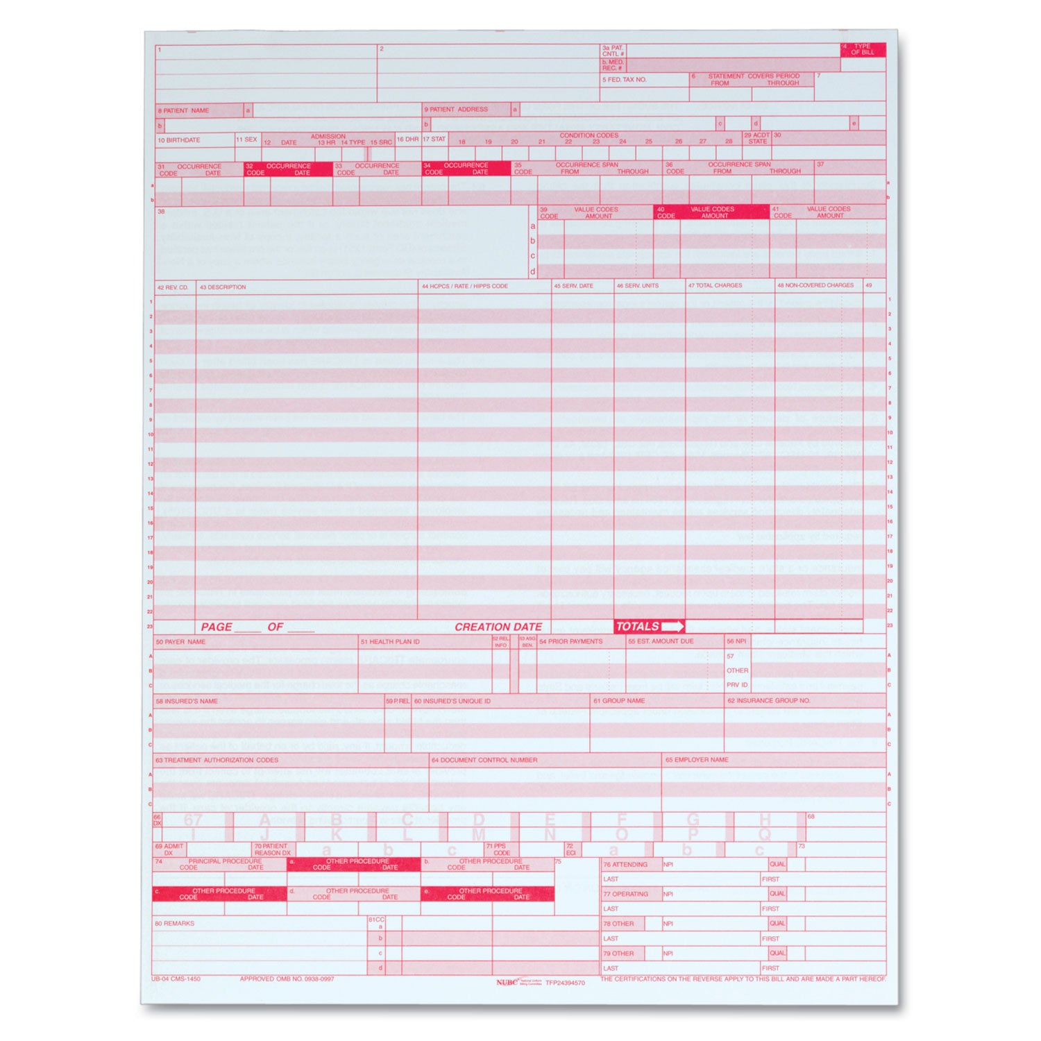 UB04 Hospital Insurance Claim Form for Laser Printers, One-Part (No Copies), 8.5 x 11, 2,500 Forms Total