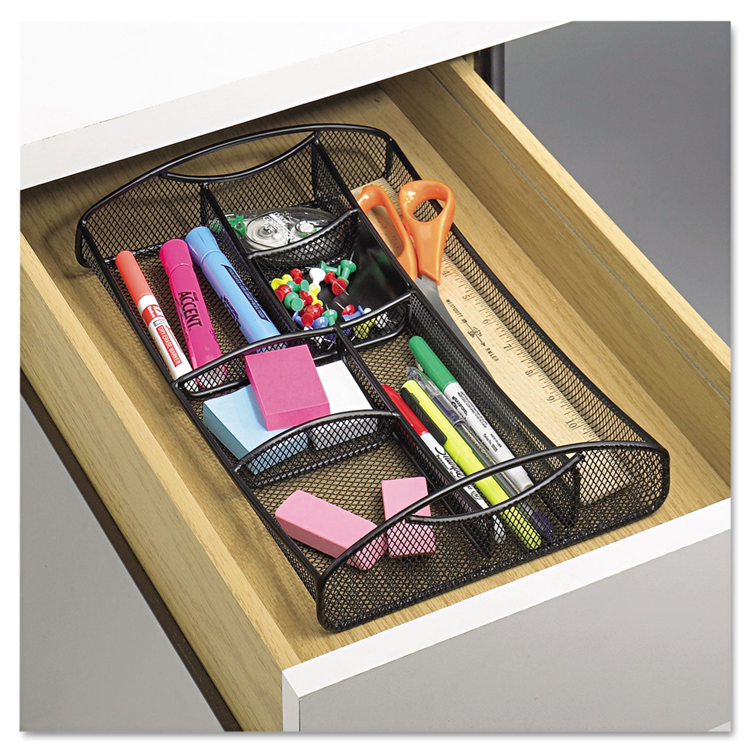 Safco® Onyx Mesh Drawer Organizer, Seven Compartments, 13 x 8.75 x 2.75, Steel, Black