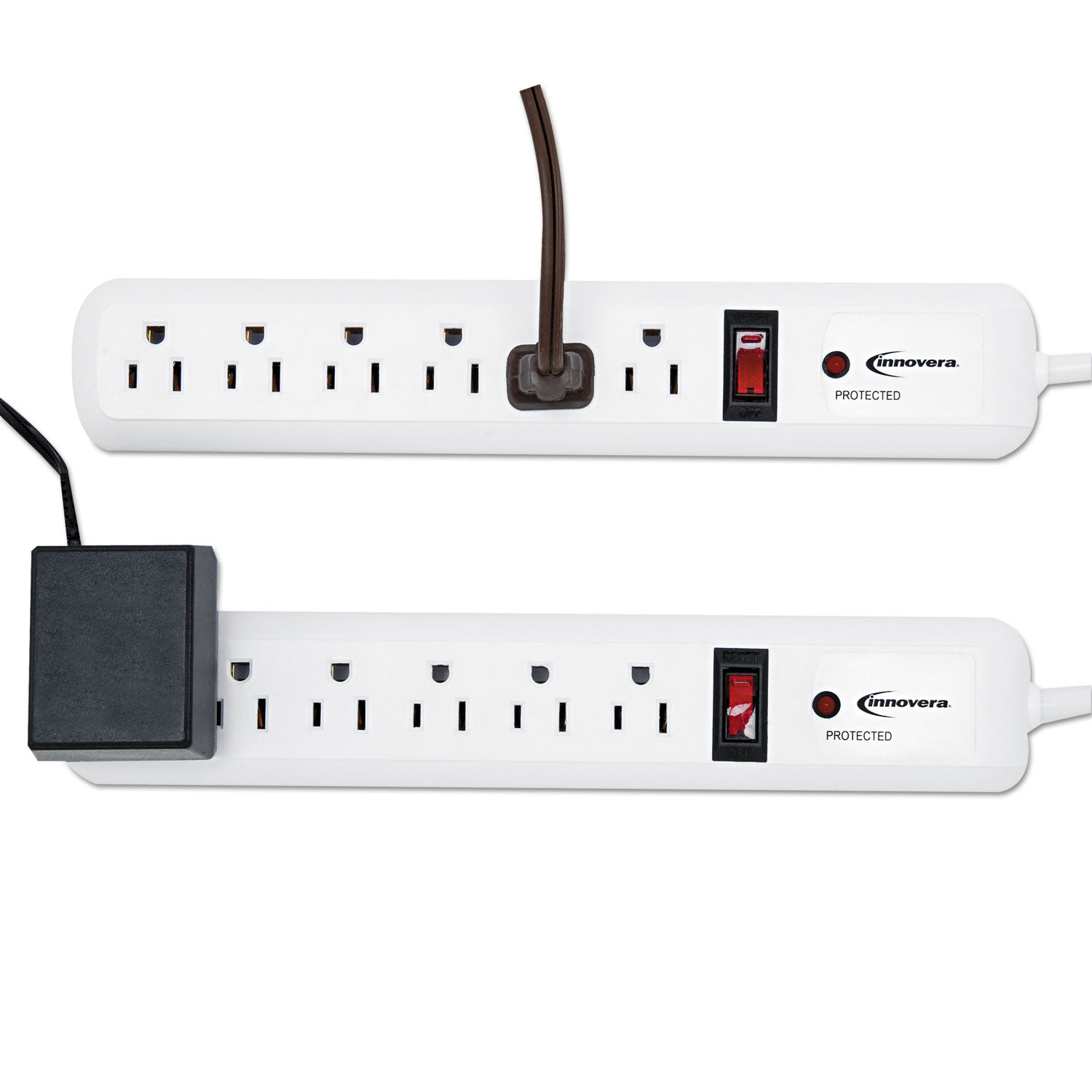 Innovera® Surge Protector, 6 AC Outlets, 4 ft Cord, 540 J, White, 2/Pack