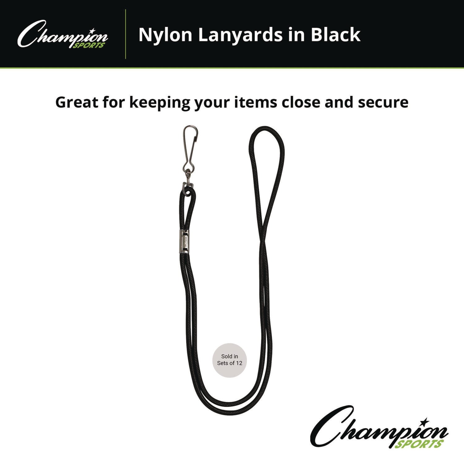 Champion Sports Lanyard, Metal J-Hook Fastener, 20" Long, Black, 12/Pack