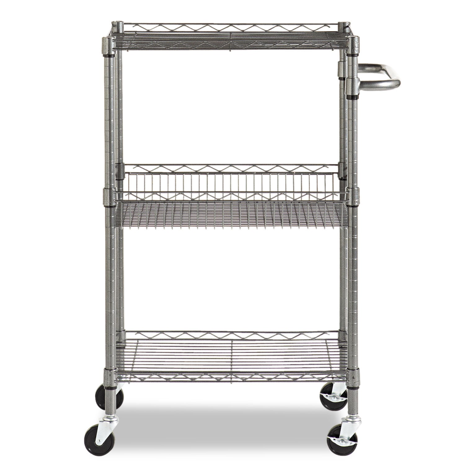 Alera® Three-Tier Wire Cart with Basket, Metal, 2 Shelves, 1 Bin, 500 lb Capacity, 28" x 16" x 39", Black Anthracite