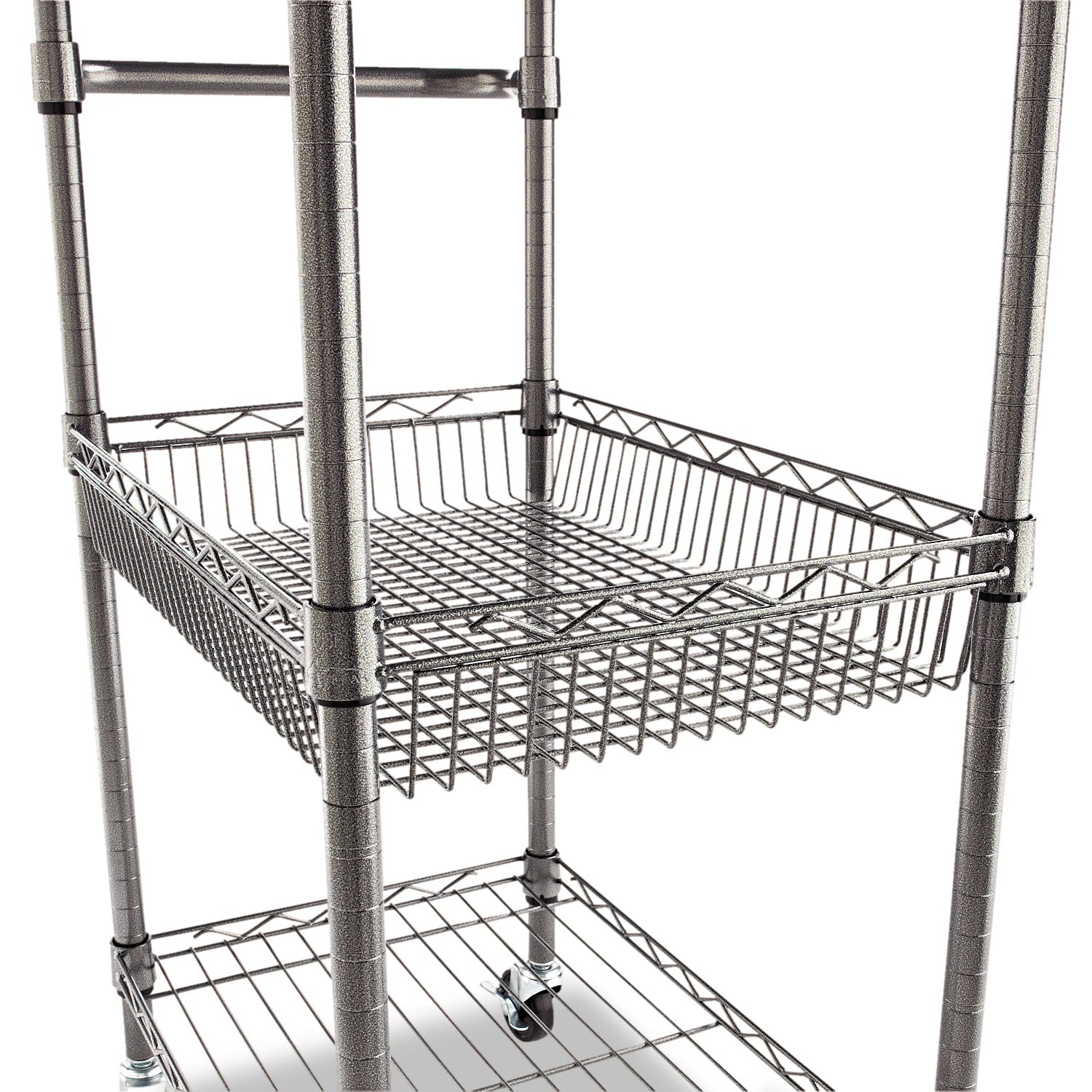 Alera® Three-Tier Wire Cart with Basket, Metal, 2 Shelves, 1 Bin, 500 lb Capacity, 28" x 16" x 39", Black Anthracite