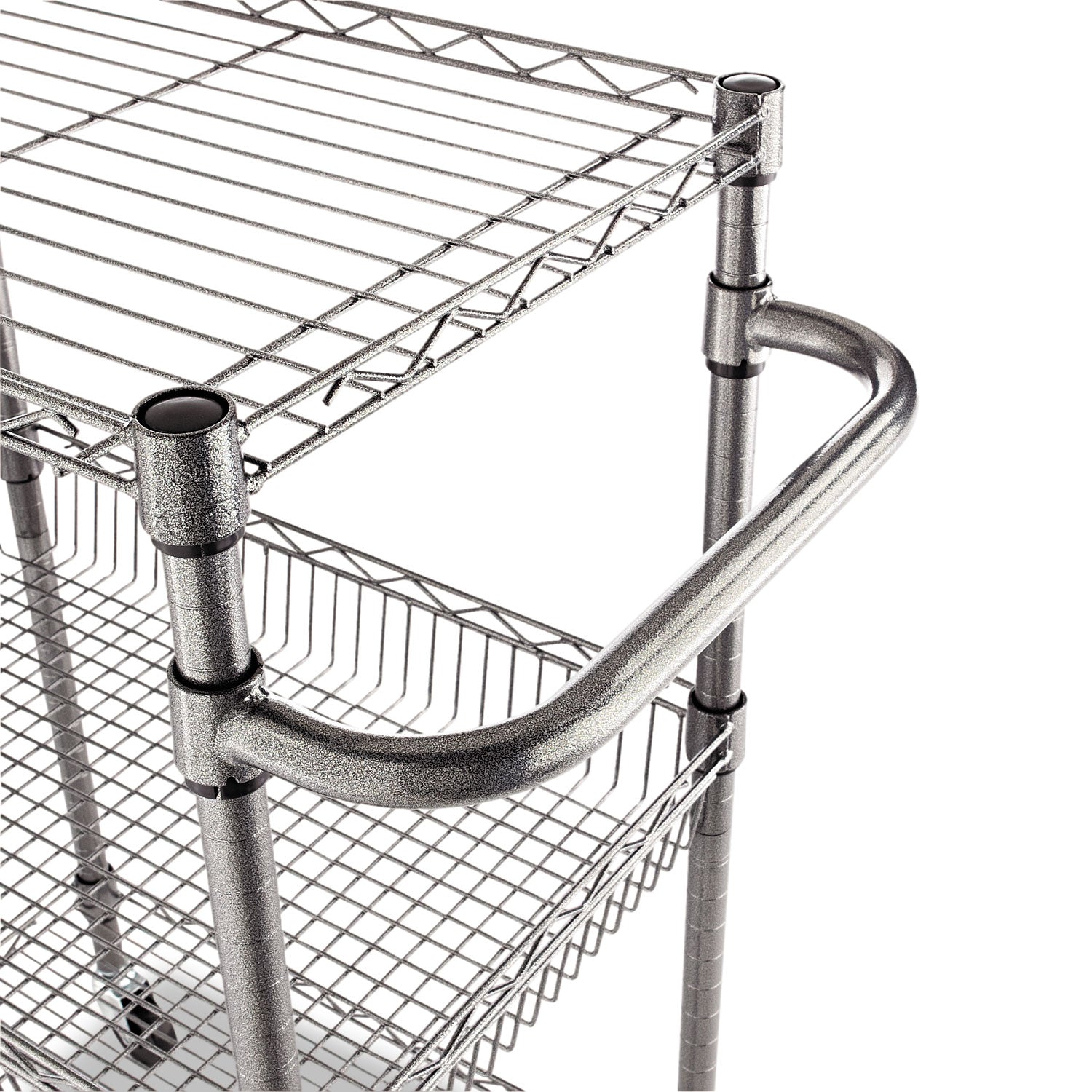 Alera® Three-Tier Wire Cart with Basket, Metal, 2 Shelves, 1 Bin, 500 lb Capacity, 28" x 16" x 39", Black Anthracite