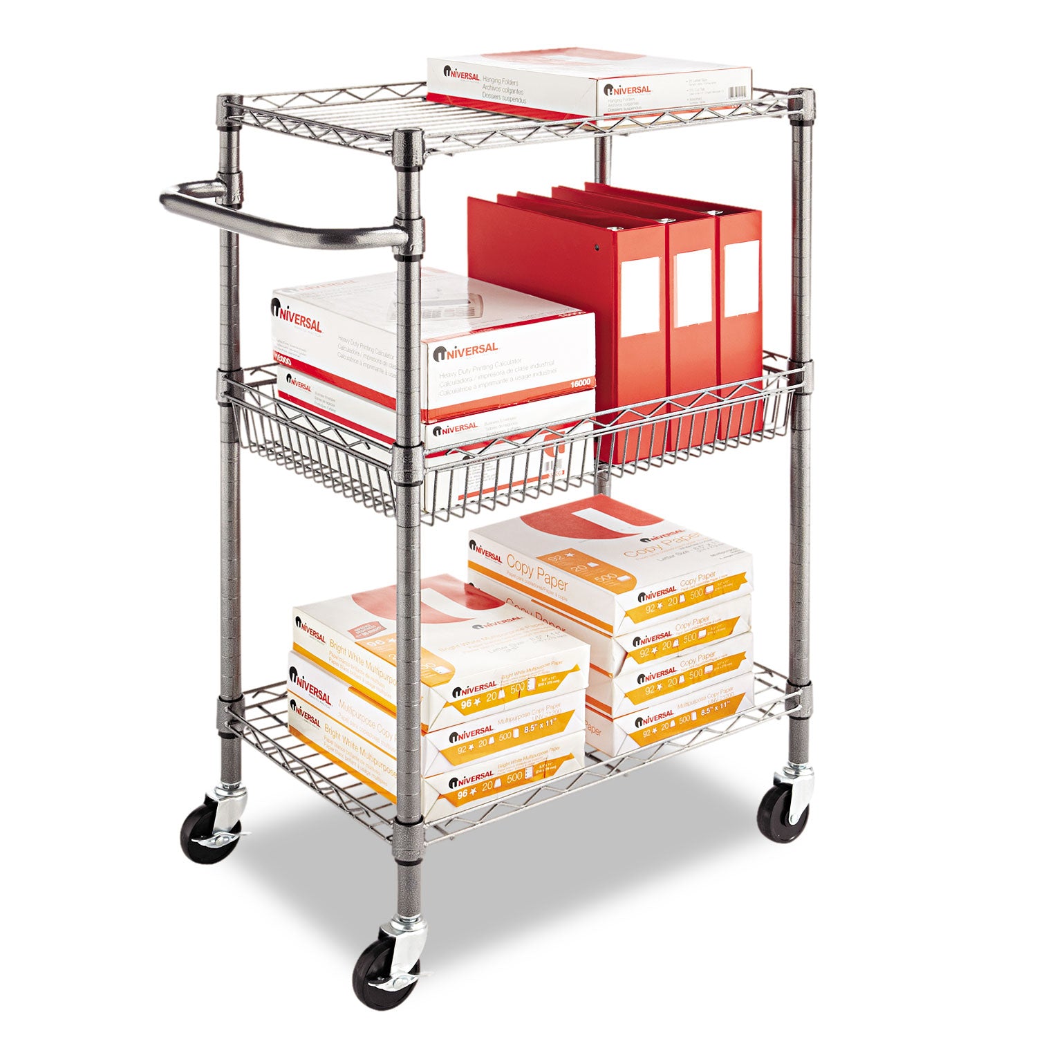 Alera® Three-Tier Wire Cart with Basket, Metal, 2 Shelves, 1 Bin, 500 lb Capacity, 28" x 16" x 39", Black Anthracite