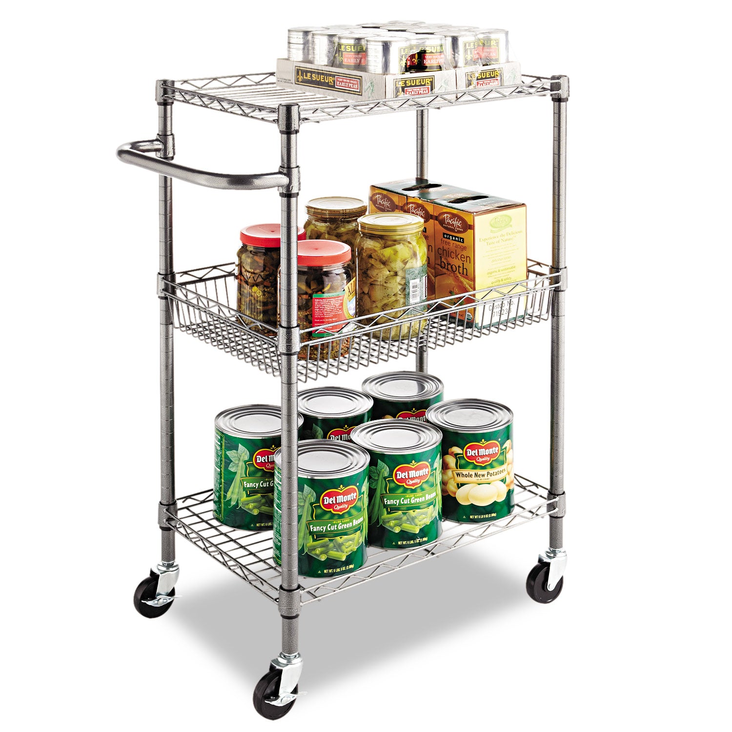 Alera® Three-Tier Wire Cart with Basket, Metal, 2 Shelves, 1 Bin, 500 lb Capacity, 28" x 16" x 39", Black Anthracite