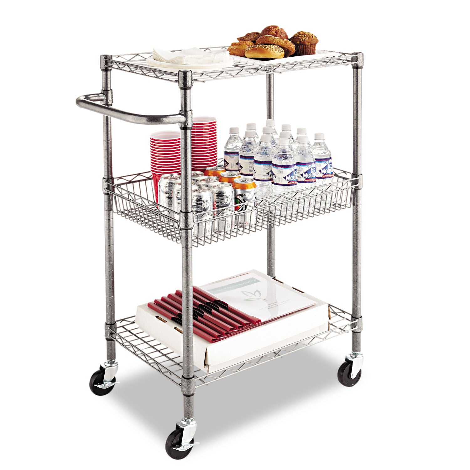 Alera® Three-Tier Wire Cart with Basket, Metal, 2 Shelves, 1 Bin, 500 lb Capacity, 28" x 16" x 39", Black Anthracite