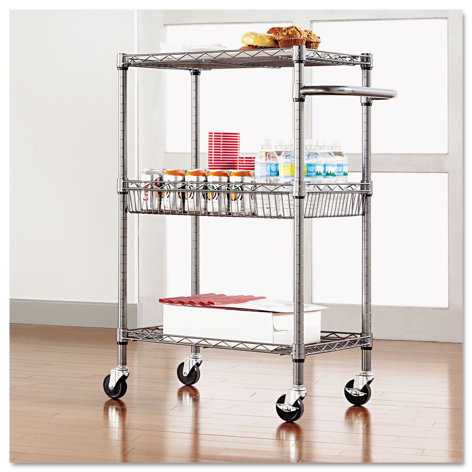 Alera® Three-Tier Wire Cart with Basket, Metal, 2 Shelves, 1 Bin, 500 lb Capacity, 28" x 16" x 39", Black Anthracite