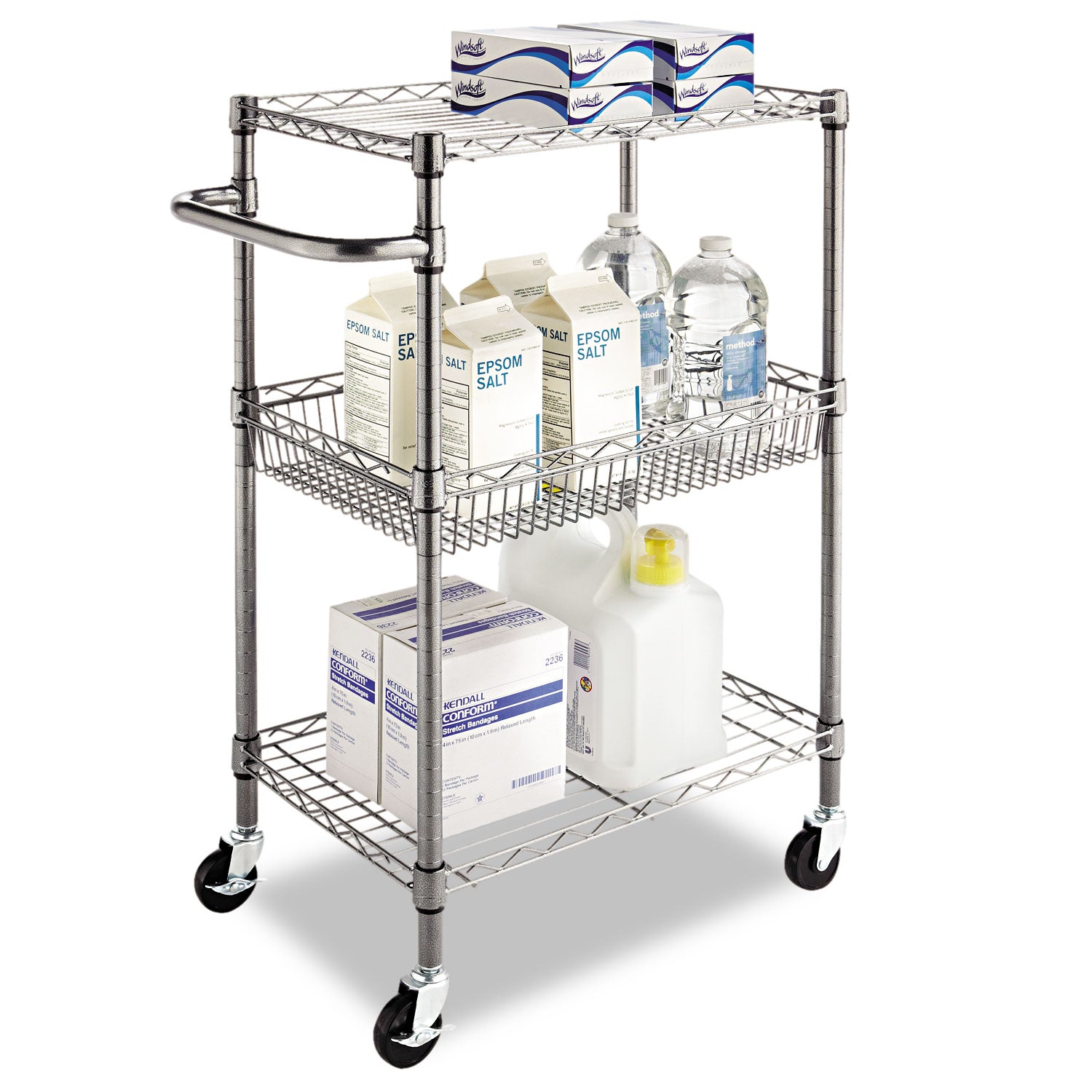 Alera® Three-Tier Wire Cart with Basket, Metal, 2 Shelves, 1 Bin, 500 lb Capacity, 28" x 16" x 39", Black Anthracite