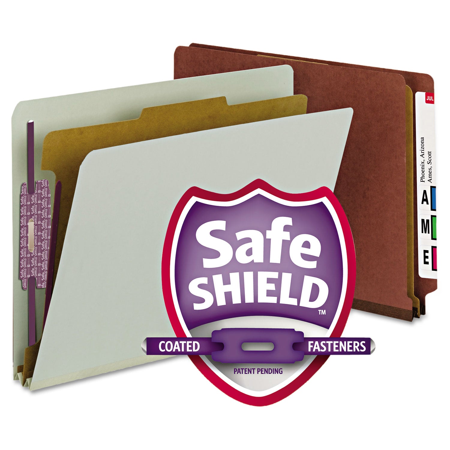 Smead™ End Tab Pressboard Classification Folders, Four SafeSHIELD Fasteners, 2" Expansion, 1 Divider, Letter Size, Red, 10/Box