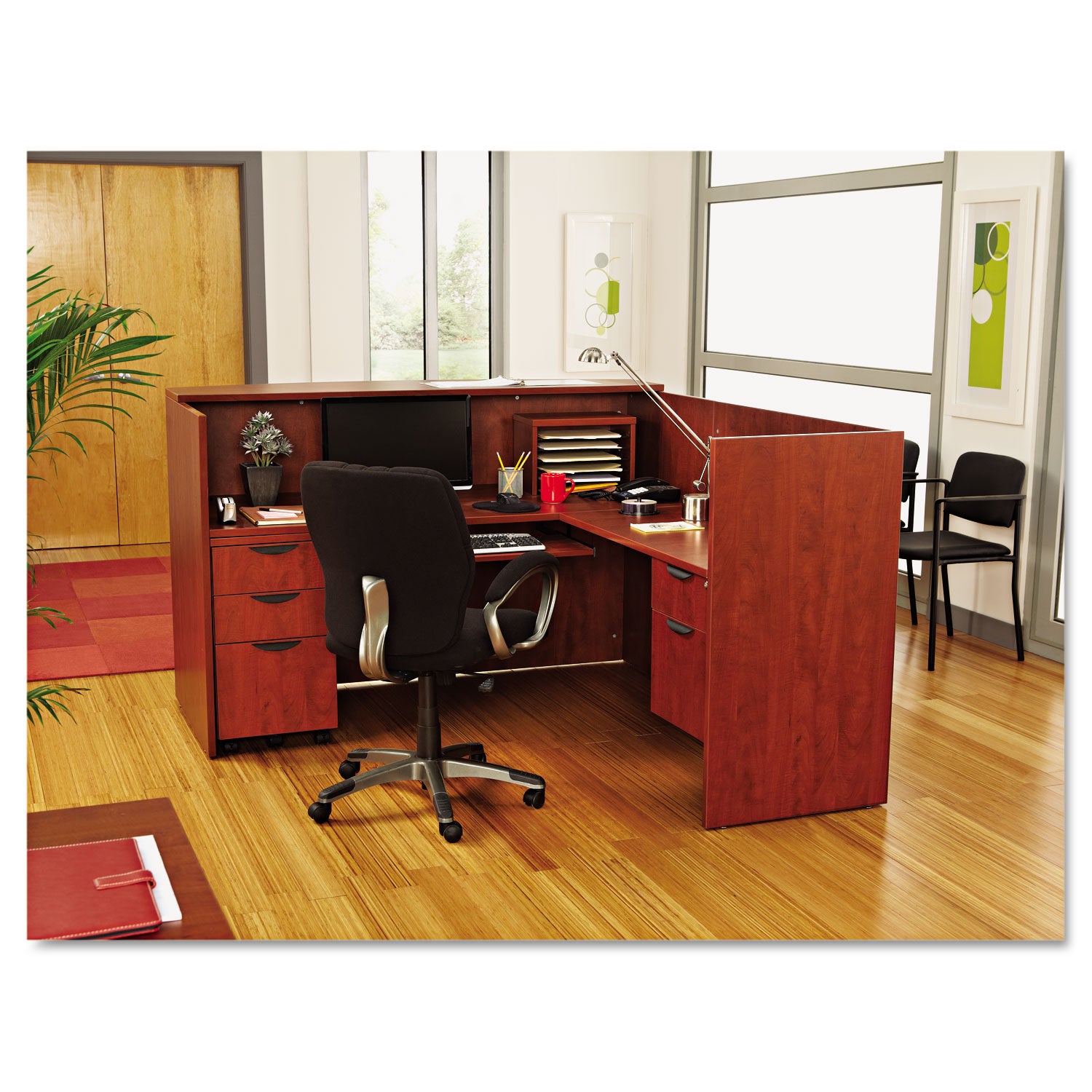 Alera Valencia Series Reception Desk with Transaction Counter, 71" x 35.5" x 29.5" to 42.5", Medium Cherry