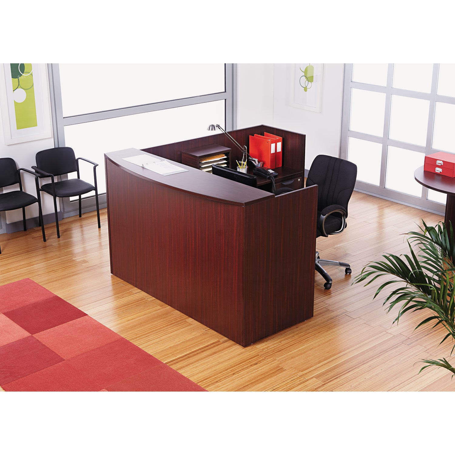 Alera® Alera Valencia Series Reception Desk with Transaction Counter, 71" x 35.5" x 29.5" to 42.5", Mahogany