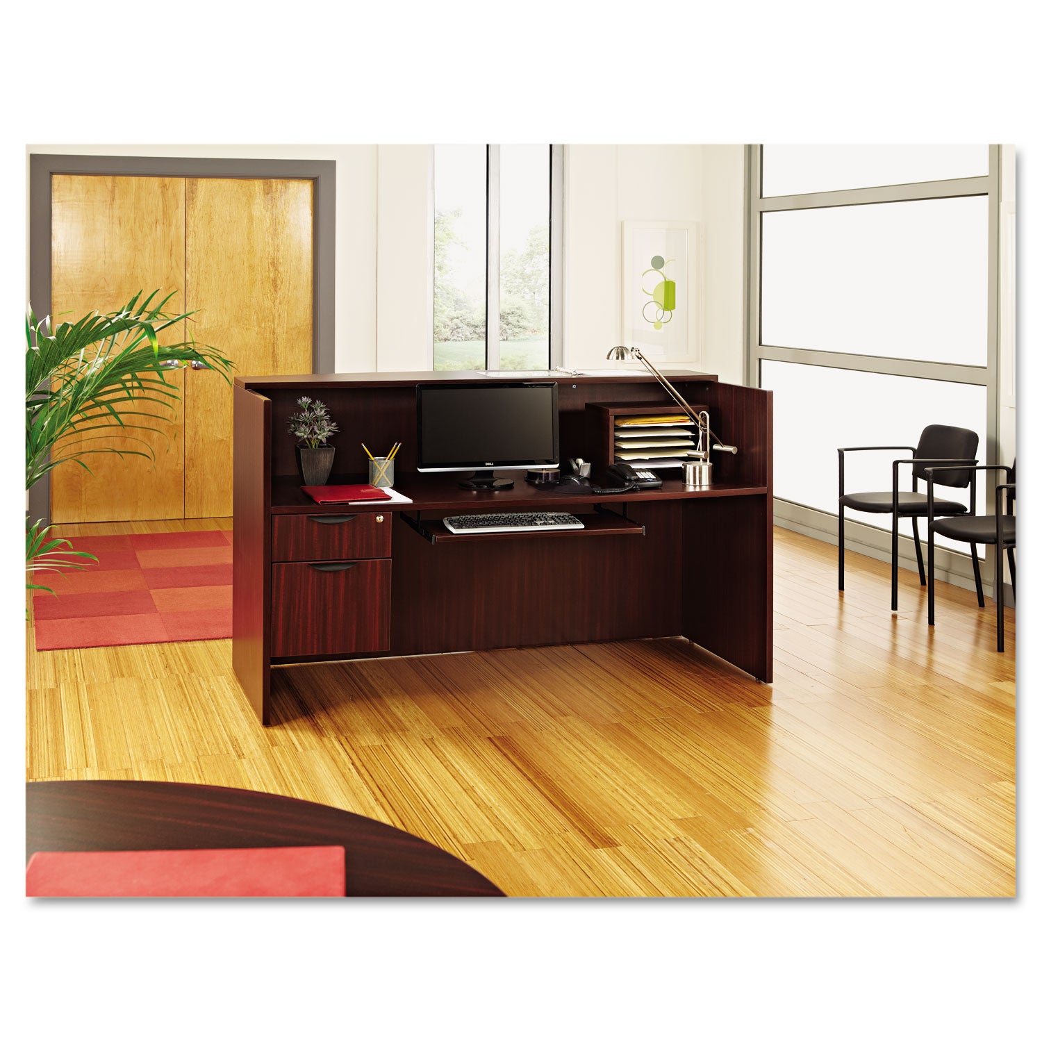 Alera® Alera Valencia Series Reception Desk with Transaction Counter, 71" x 35.5" x 29.5" to 42.5", Mahogany