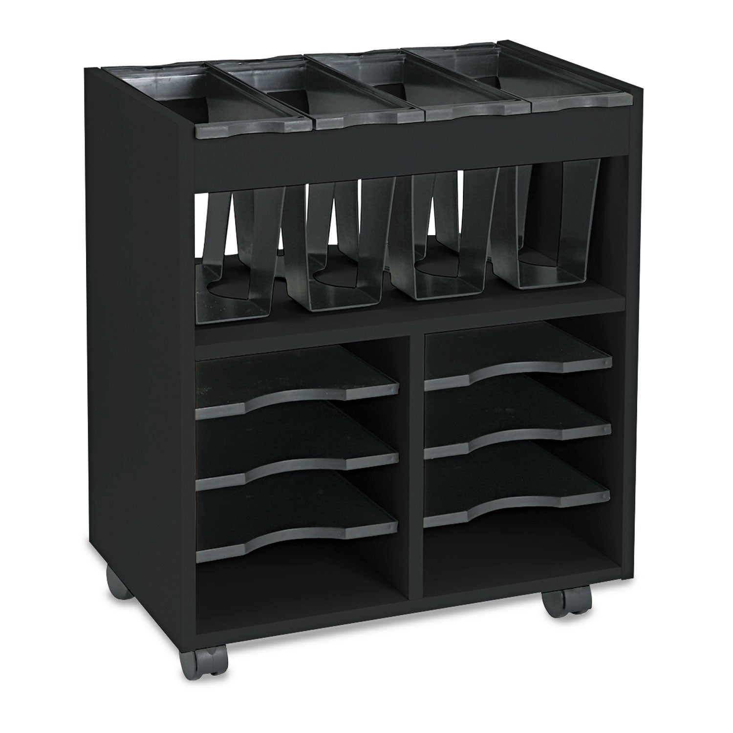 Safco® Go Cart Mobile File, Engineered Wood, 8 Shelves, 4 Bins, 14.5" x 21.5" x 26.25", Black