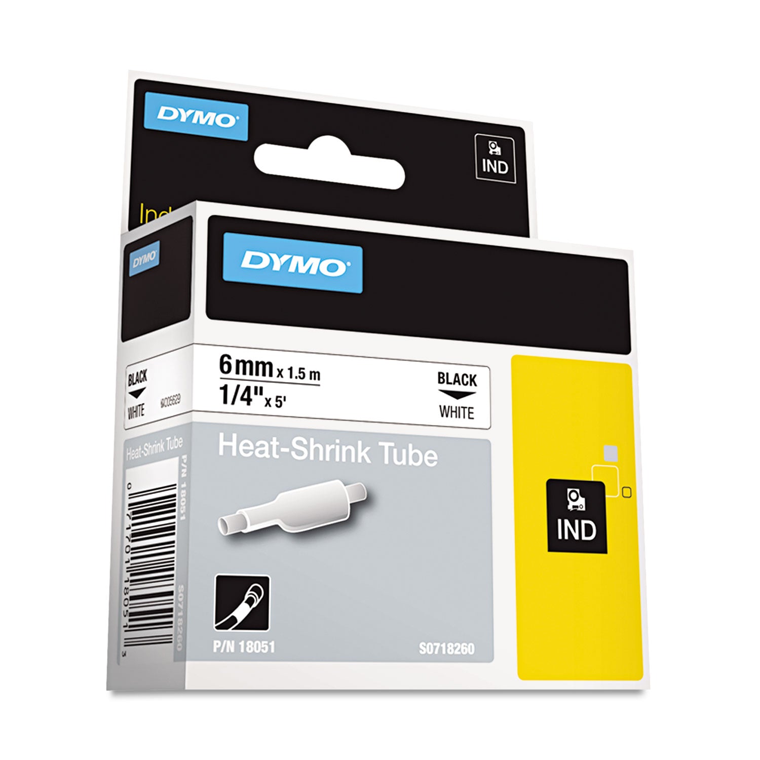 Rhino Heat Shrink Tubes Industrial Label Tape, 0.25" x 5 ft, White/Black Print