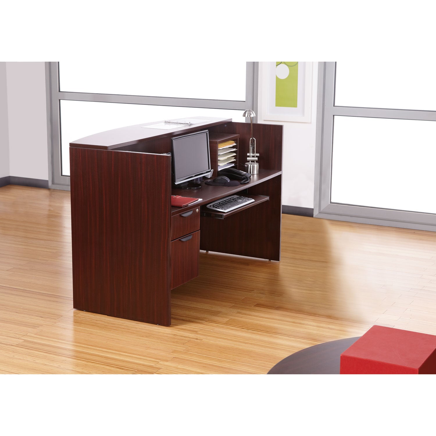 Alera® Alera Valencia Series Reception Desk with Transaction Counter, 71" x 35.5" x 29.5" to 42.5", Mahogany