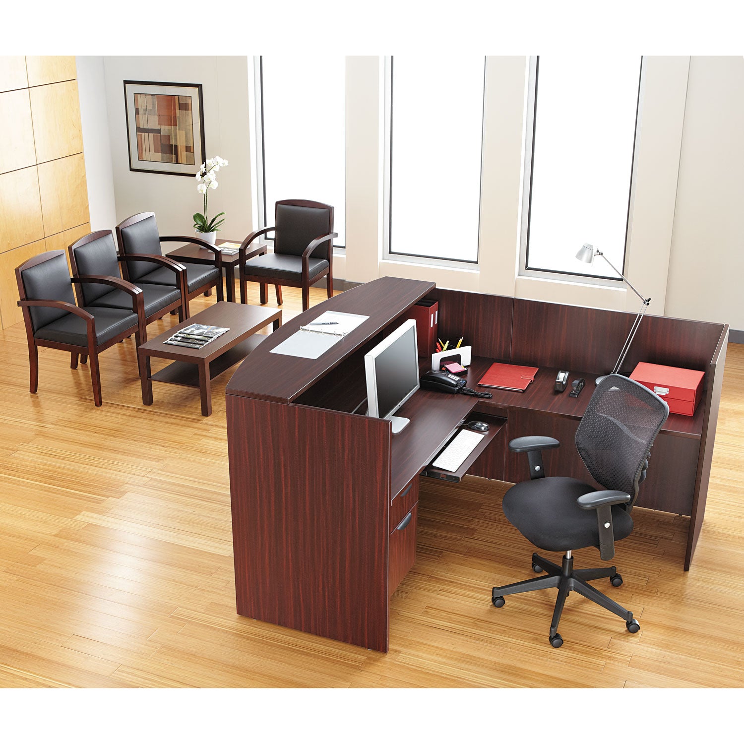 Alera® Alera Valencia Series Reception Desk with Transaction Counter, 71" x 35.5" x 29.5" to 42.5", Mahogany