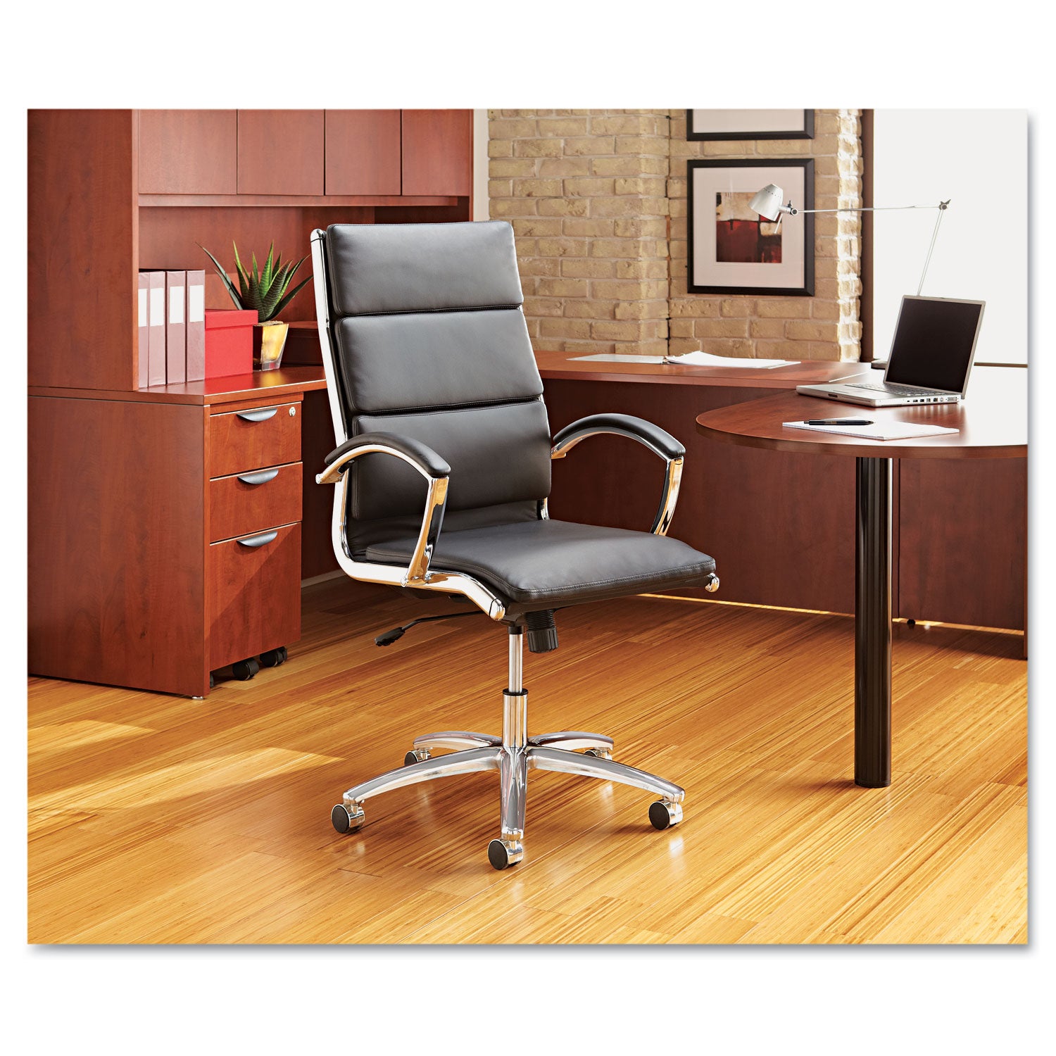 Alera® Alera Neratoli Mid-Back Slim Profile Chair, Faux Leather, Supports Up to 275 lb, Black Seat/Back, Chrome Base