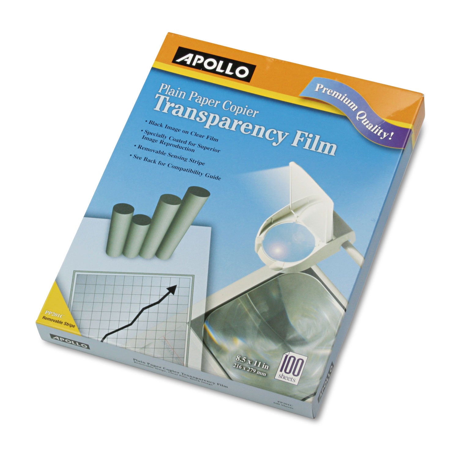 Apollo® Plain Paper Laser Transparency Film with Handling Strip, 8.5 x 11, Black on Clear, 100/Box