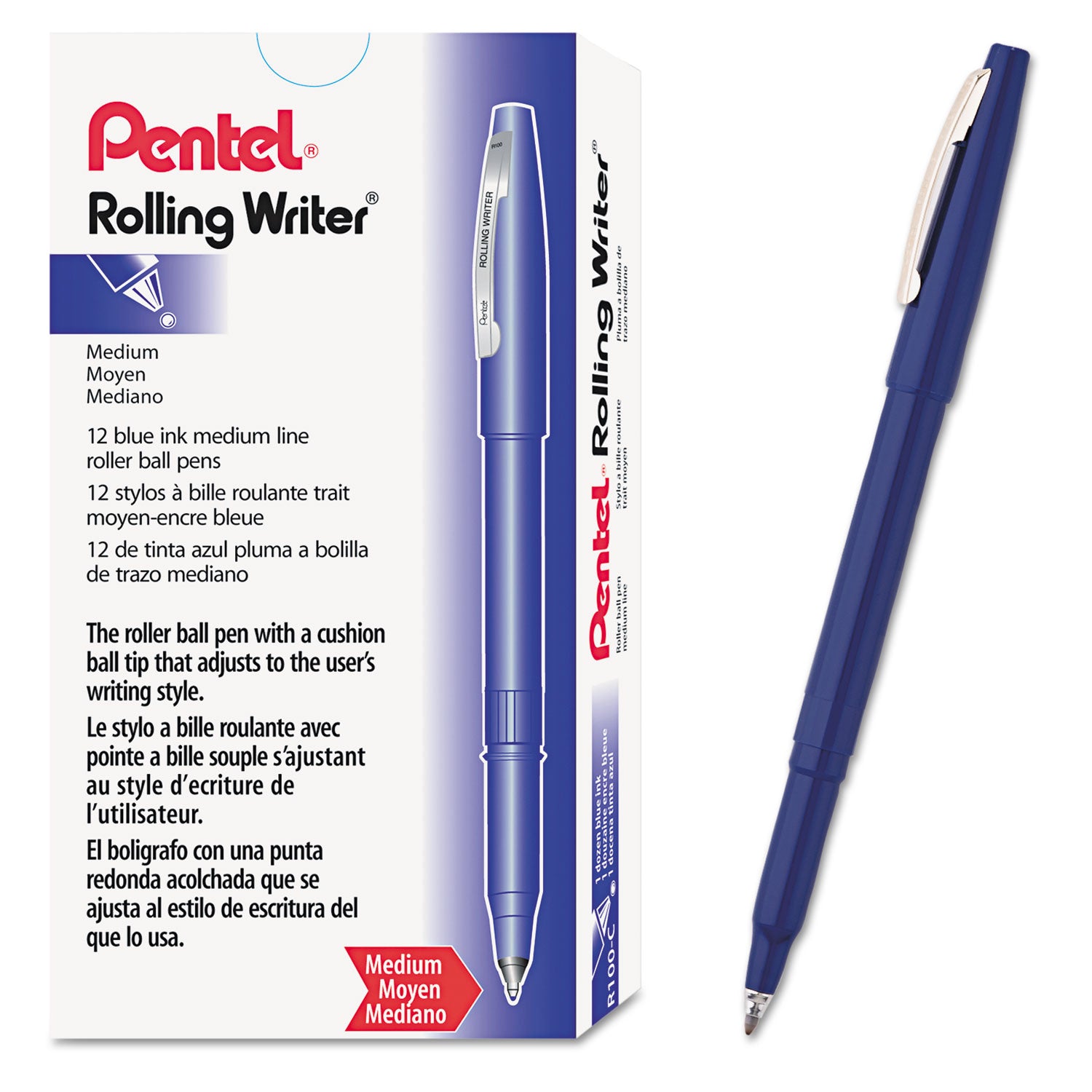 Pentel® Rolling Writer Roller Ball Pen, Stick, Medium 0.8 mm, Blue Ink, Blue Barrel, Dozen