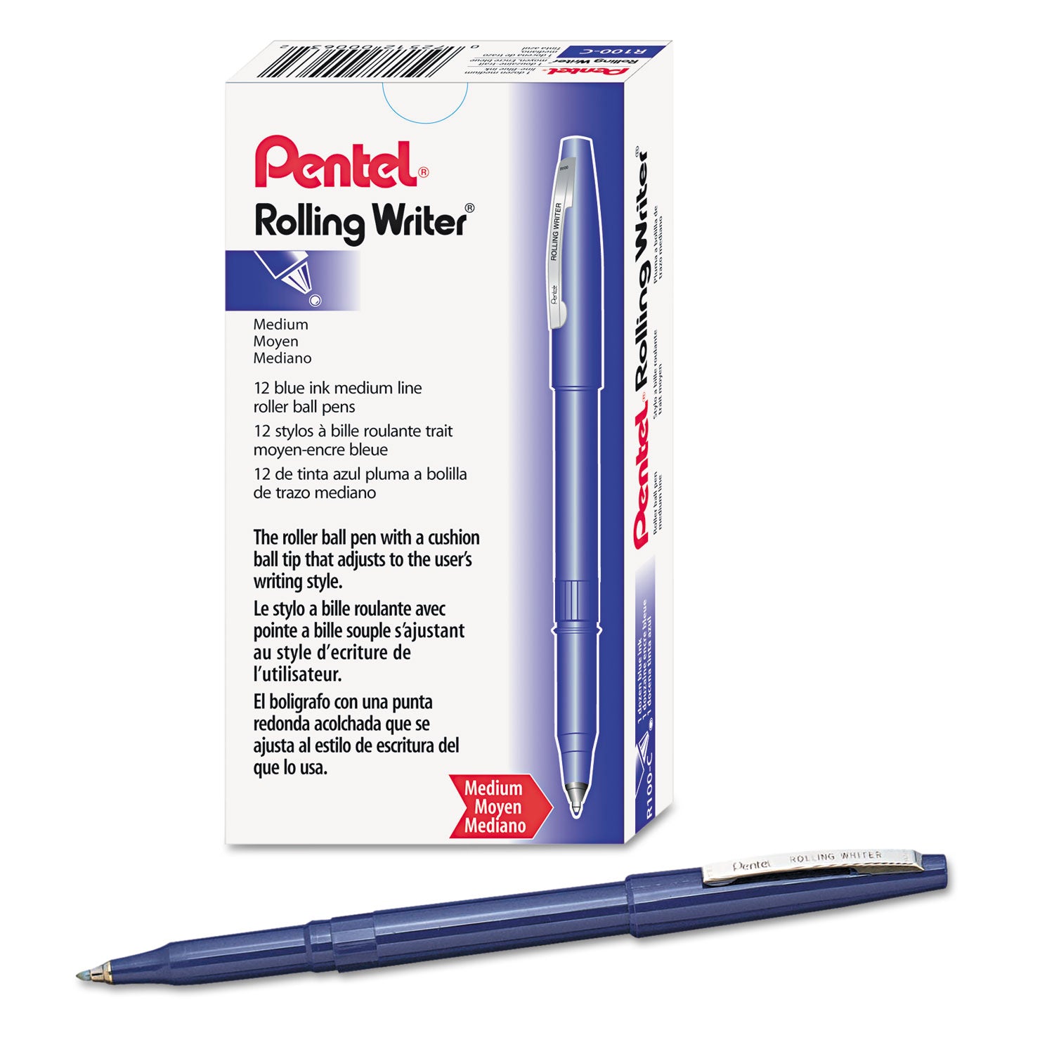 Pentel® Rolling Writer Roller Ball Pen, Stick, Medium 0.8 mm, Blue Ink, Blue Barrel, Dozen