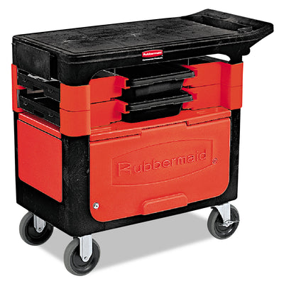 Rubbermaid® Commercial Trades Cart with Locking Storage Area, Plastic, 2 Shelves, 2 Drawers, 330 lb Capacity, 19.25" x 38" x 33.38", Black - Flipcost