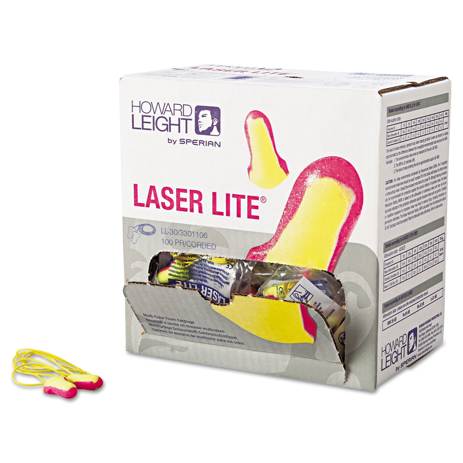 Howard Leight® by Honeywell LL-30 Laser Lite Single-Use Earplugs, Corded, 32NRR, Magenta/Yellow, 100 Pairs