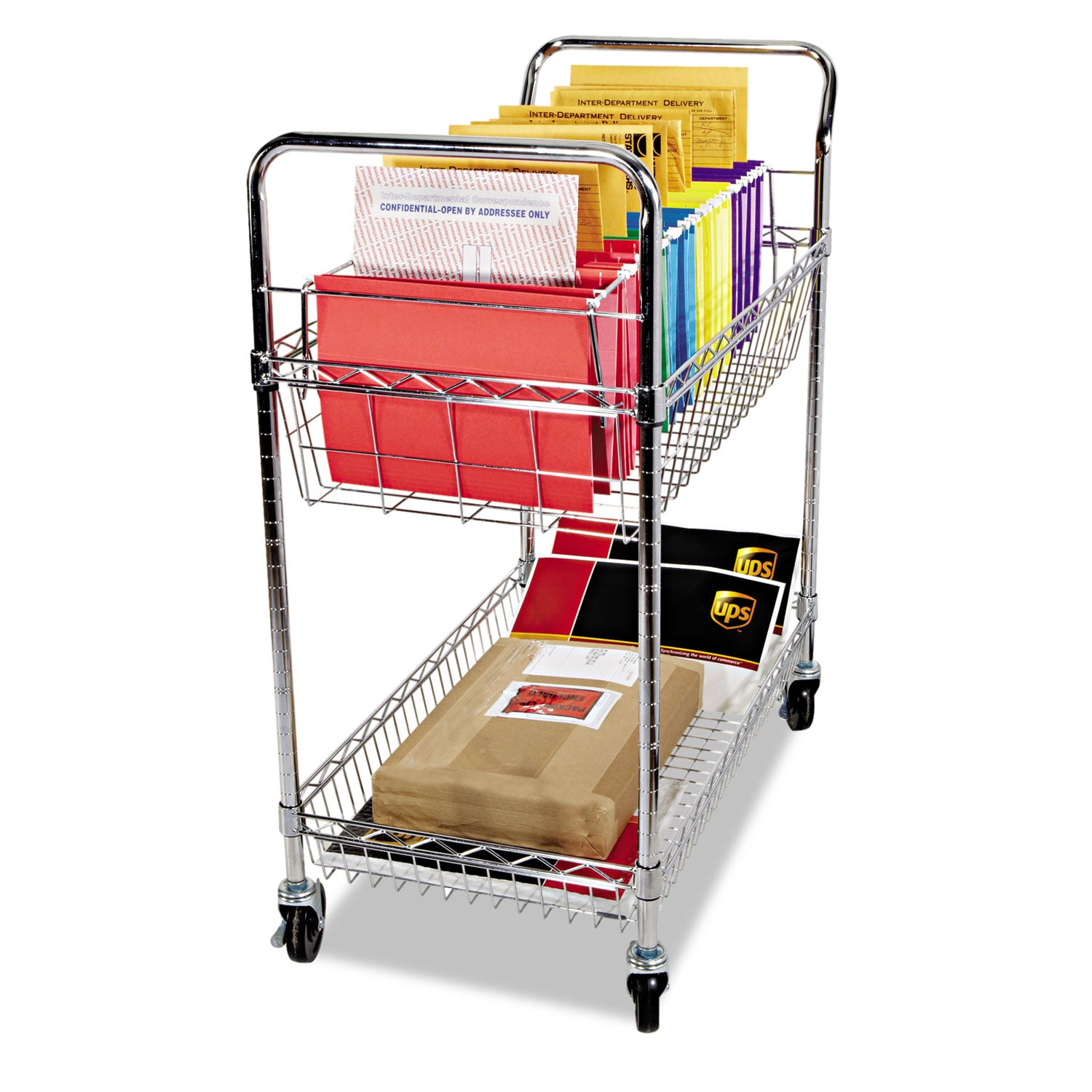 Alera® Carry-all Mail Cart, Metal, 1 Shelf, 1 Bin, 34.88" x 18" x 39.5", Silver