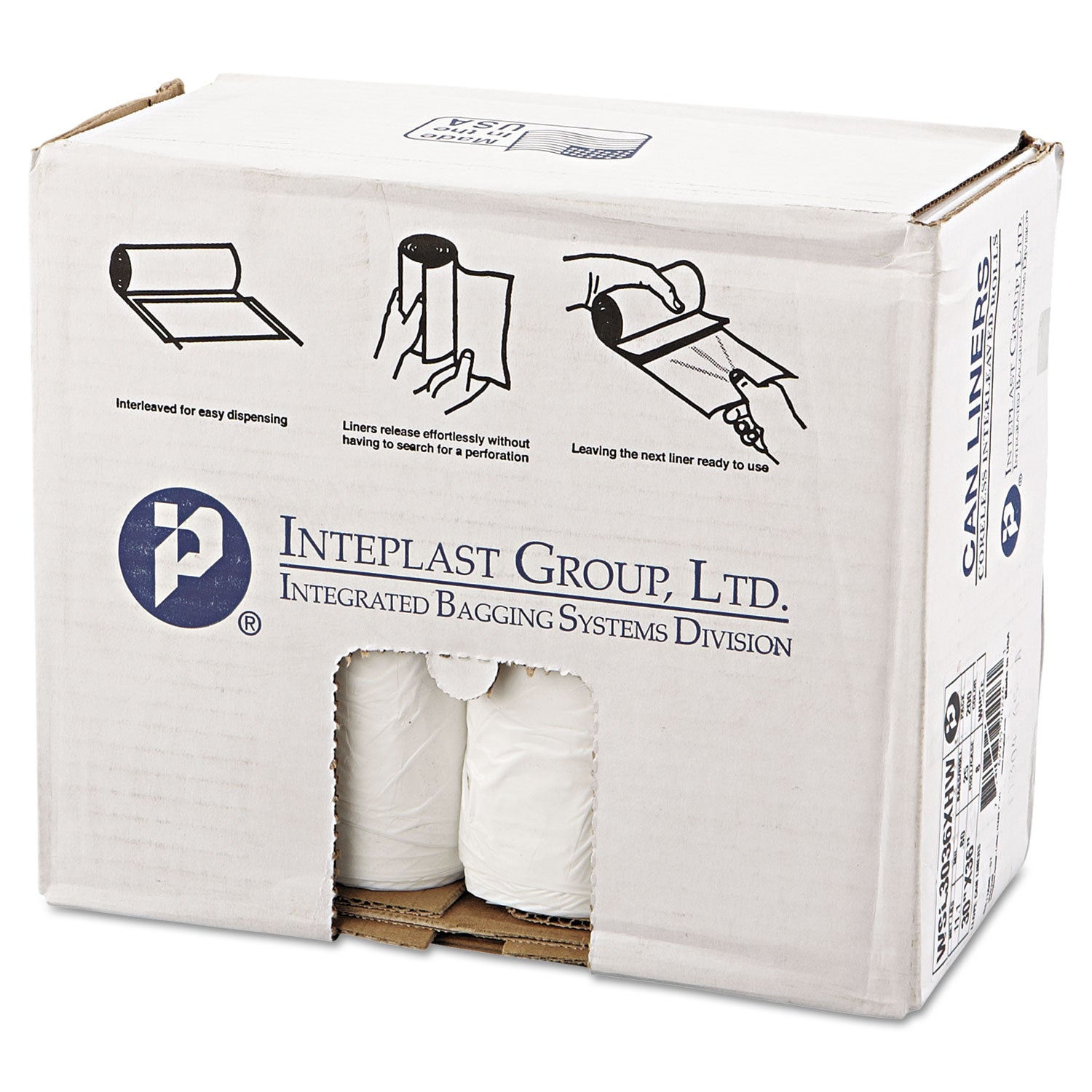 Inteplast Group Low-Density Commercial Can Liners, 30 gal, 0.8 mil, 30" x 36", White, Interleaved Roll, 25 Bags/Roll, 8 Rolls/Carton