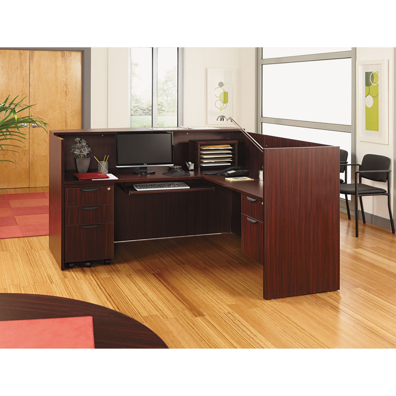 Alera® Alera Valencia Series Reception Desk with Transaction Counter, 71" x 35.5" x 29.5" to 42.5", Mahogany