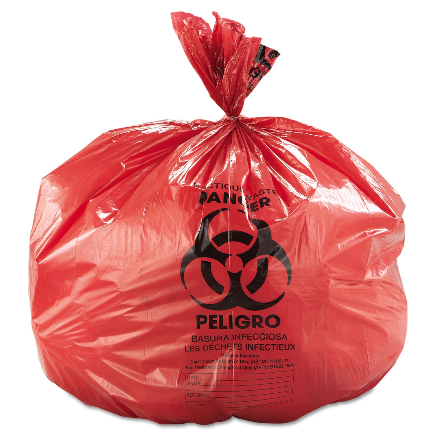 Inteplast Group Low-Density Commercial Can Liners, Infectious Waste Biohazard, 45 gal, 1.3 mil, 40" x 46", Red, Interleaved, 20/RL, 5 RL/CT